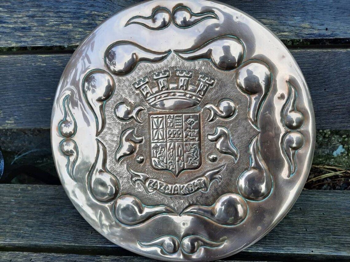 Antique Copper Armorial Shield: French Brittany Chateau Wall Art