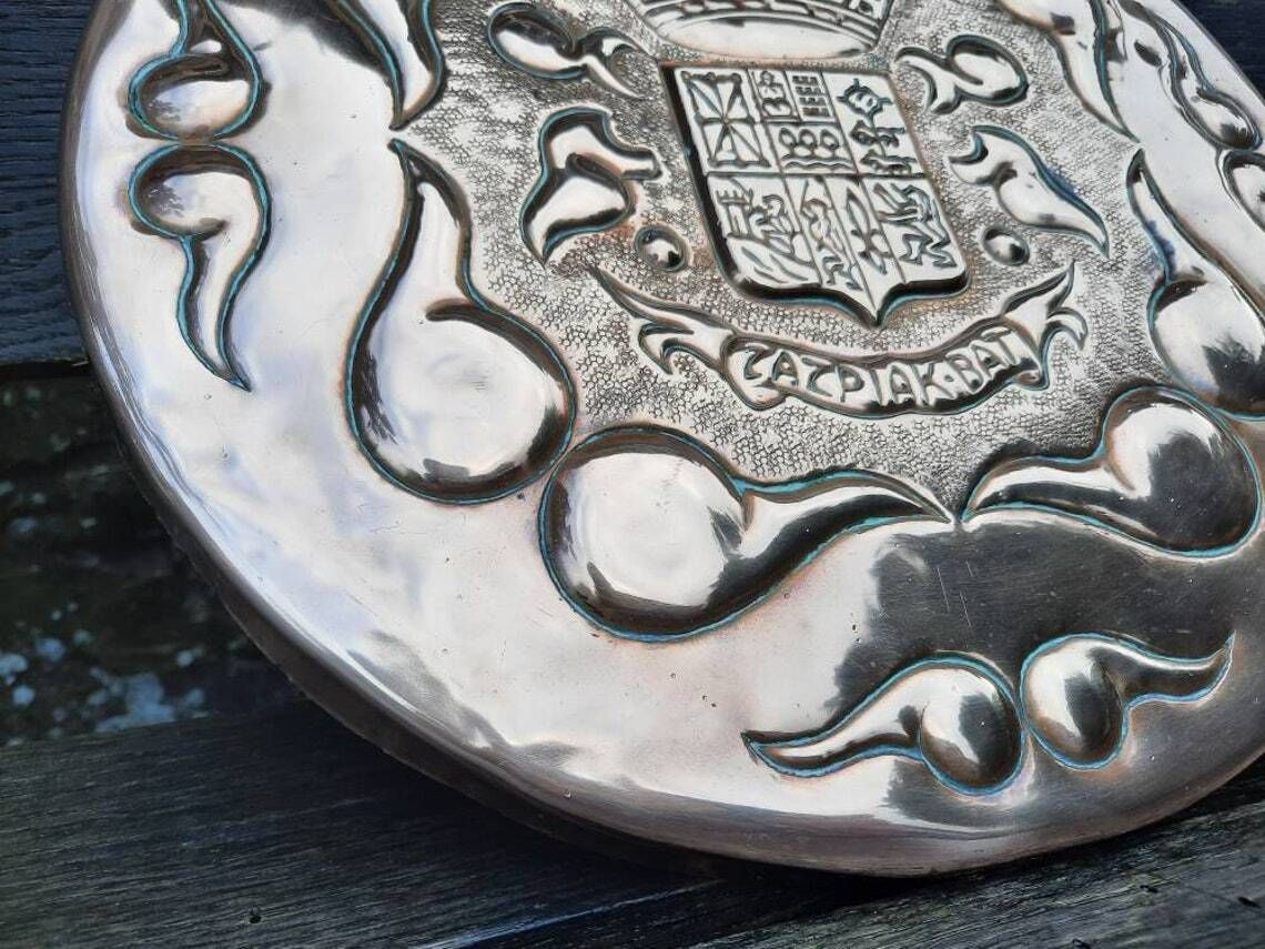 Antique Copper Armorial Shield: French Brittany Chateau Wall Art photo for sale
