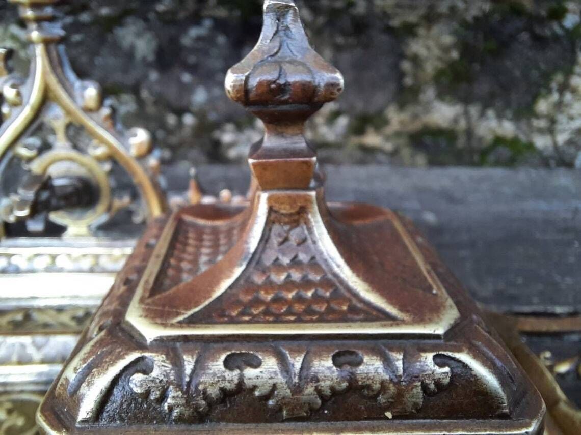 Antique Bronze Double Inkwell: Gothic Chateau Armorial Desktop Set photo Home Decor