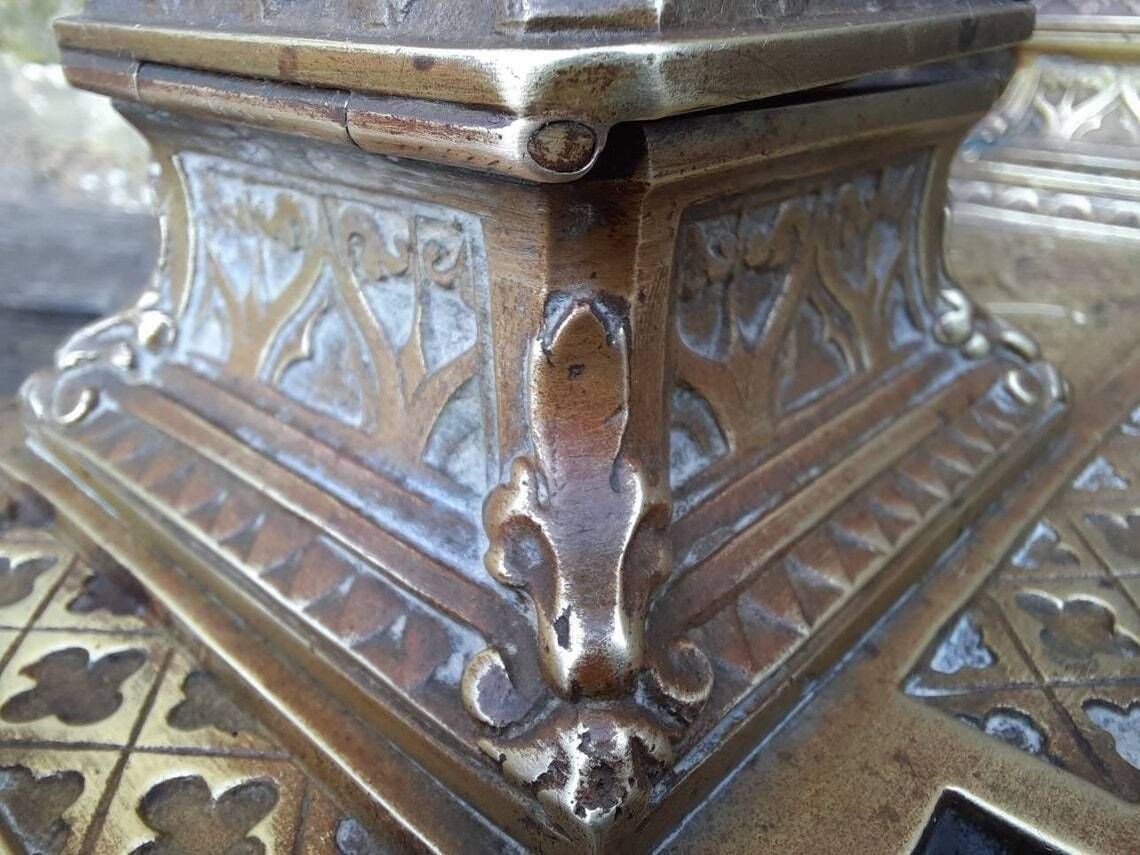 photo for sale Antique Bronze Double Inkwell: Gothic Chateau Armorial Desktop Set