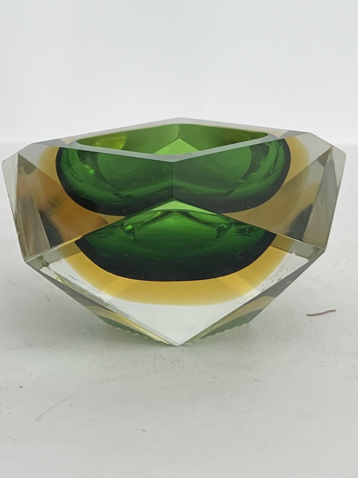 Vintage Murano Faceted Sommerso “Geode” Bowl — Emerald Green & Amber, Mandruzzato Style photo for sale