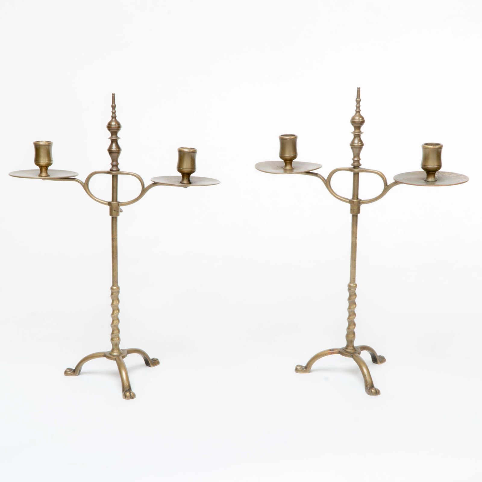 A Pair Of Arts And Crafts Brass Twin Branch Candelabras With Adjustable Height photo 680.0