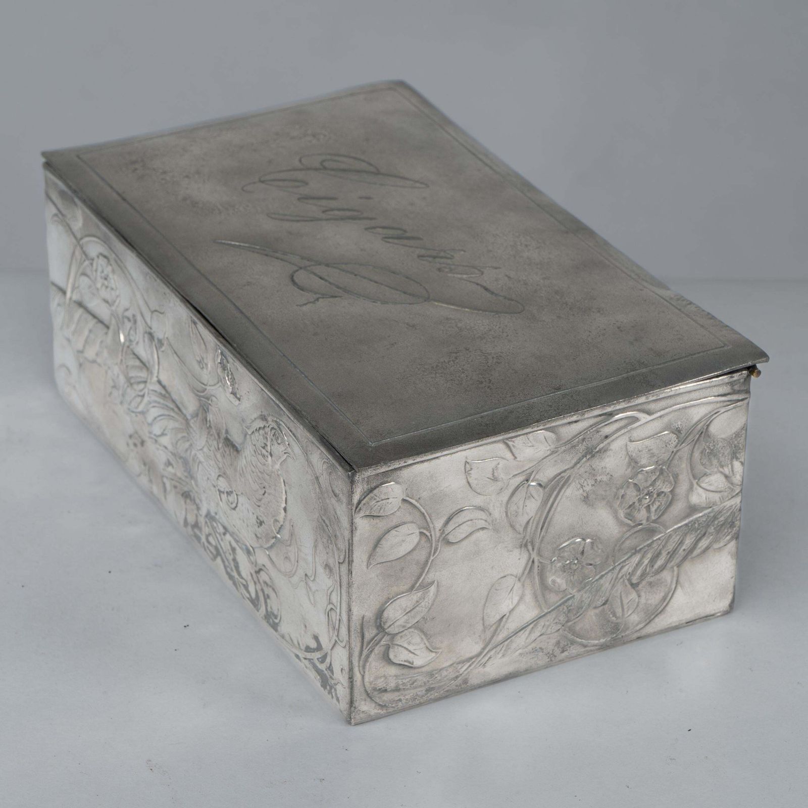 An Art Nouveau Continental Pewter Cigar Box W. Cedar Lining & Decor Of Pheasant photo furniture