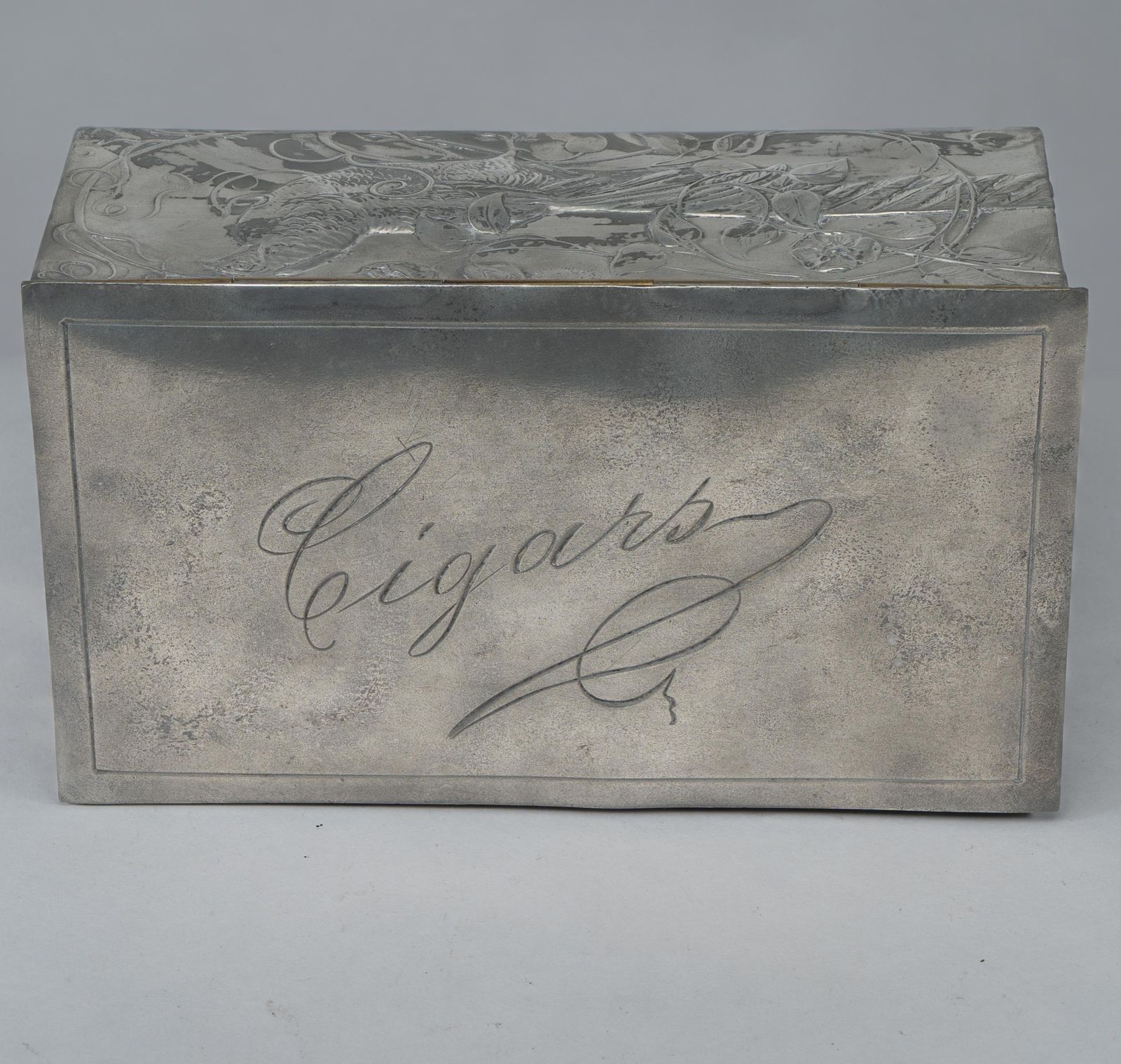 photo for sale An Art Nouveau Continental Pewter Cigar Box W. Cedar Lining & Decor Of Pheasant