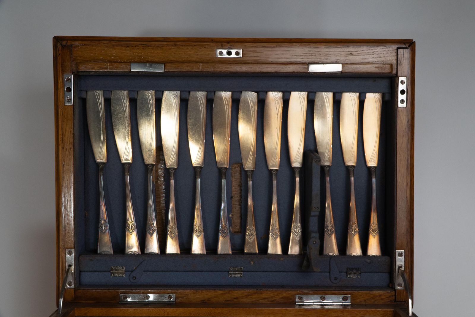 photo buy Wmf. A 12 Person Cutlery Service In Original Stylized Secessionist Oak Cabinet