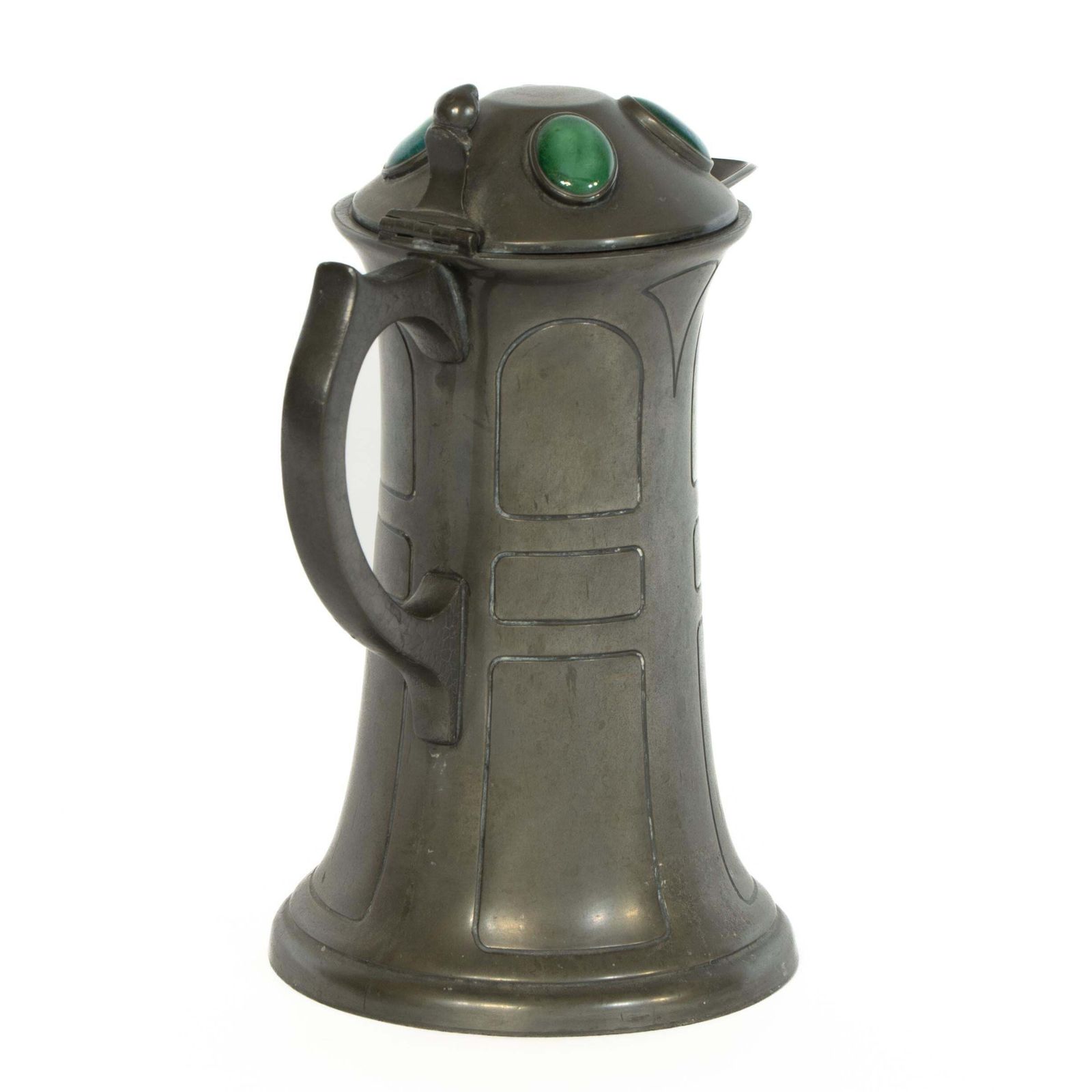 William Hutton. An Arts And Crafts Pewter Jug With Four Bullseye Ruskin Jewels photo furniture