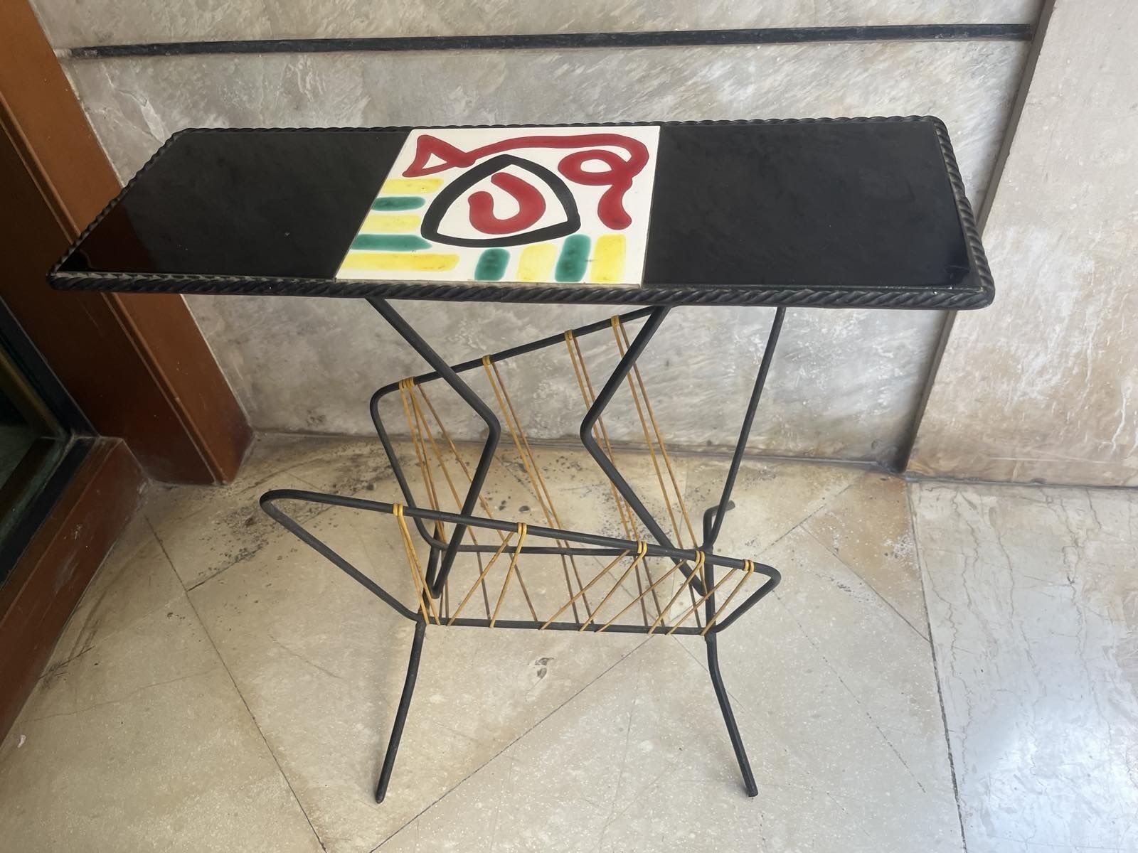 Vintage Mid Century Modern Magazine Rack With Tile Top photo furniture