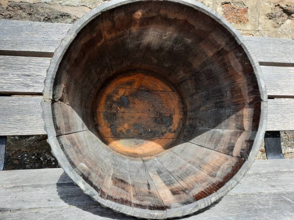 Vintage Oak & Copper Plant Pot: Carved Wood Jardiniere photo 251.0