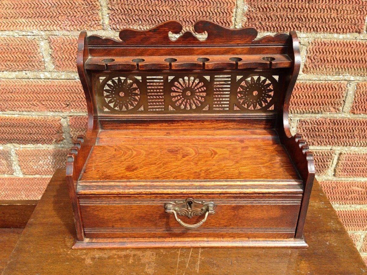Aesthetic Movement Oak Pipe Rack With A Japanese Style Brass Fretwork Backplate photo furniture