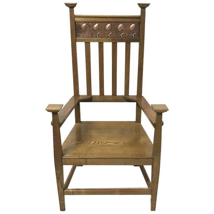 R. W. Mcnerney – Arts And Crafts Ash Tall Back Armchair With Hayle Copper Panel