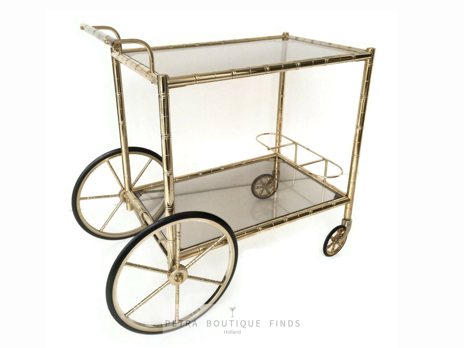 Italiaanse Messing Barkar | Orsenigo Vintage Bamboe & Glas Drankentrolley photo for sale