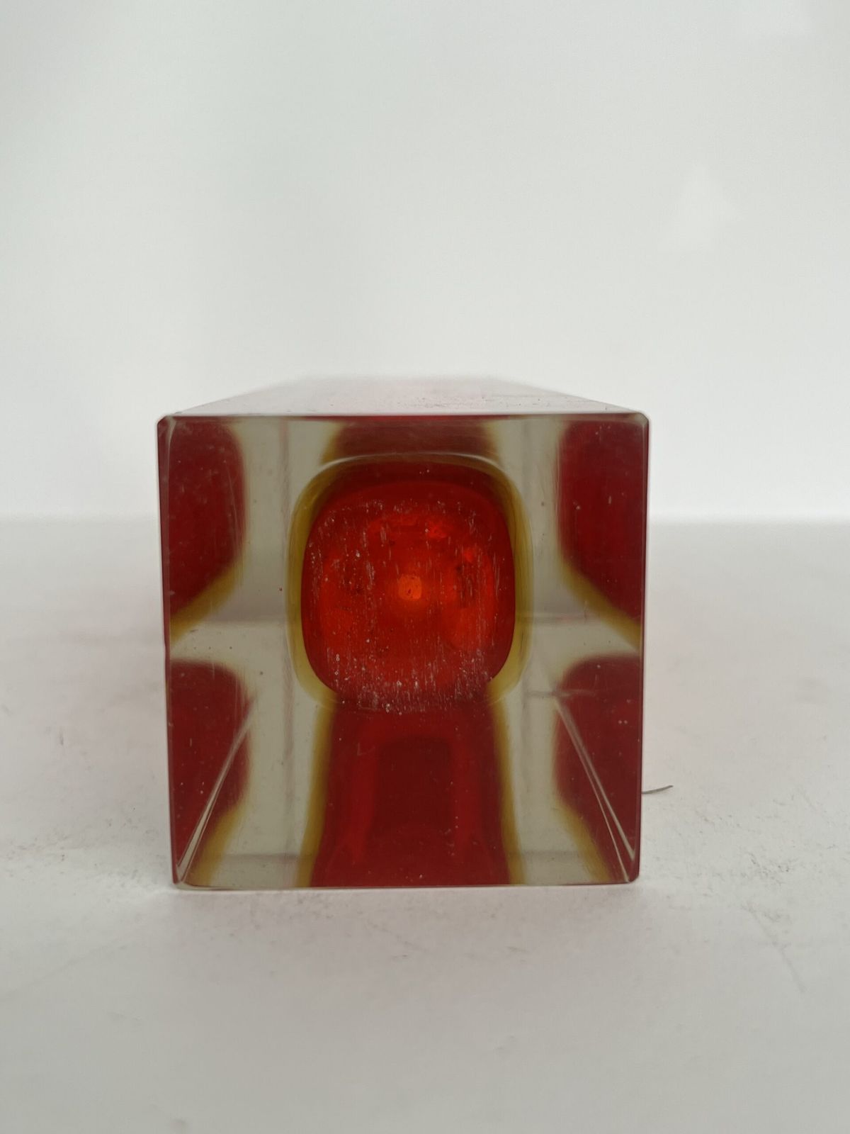 Murano Sommerso Red, Amber And Clear Faceted Glass Block Vase photo for sale