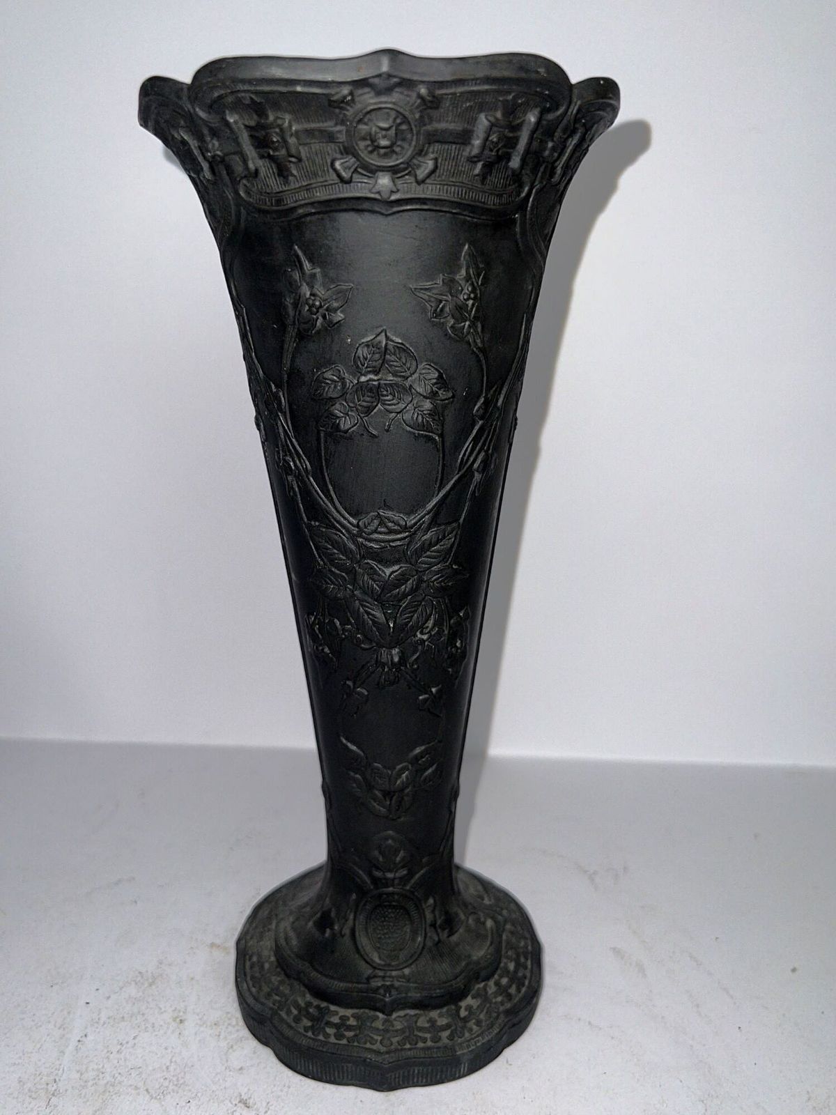 19th Century Wedgwood Black Basalt Trumpet Vase – Floral & Vine Relief photo for sale