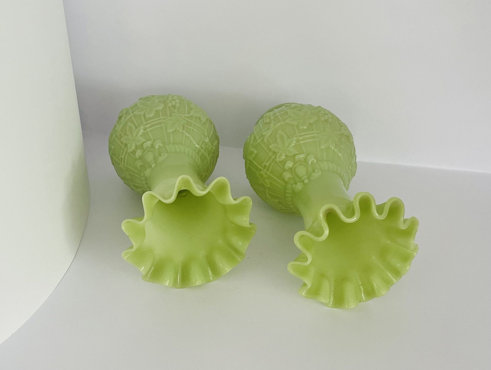 Pair Of Pale Green Opaline Glass Vases With Embossed Grape Motif photo furniture