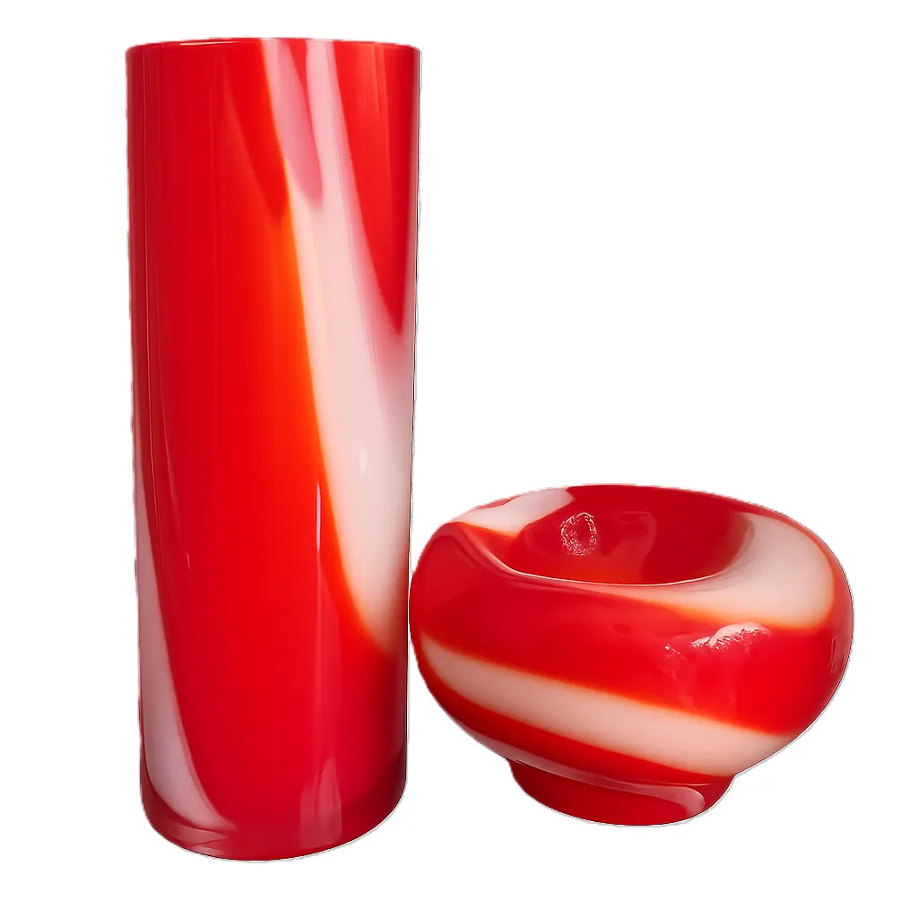Art Glass Vase & Bowl Set – Red & White Swirl 1970’s