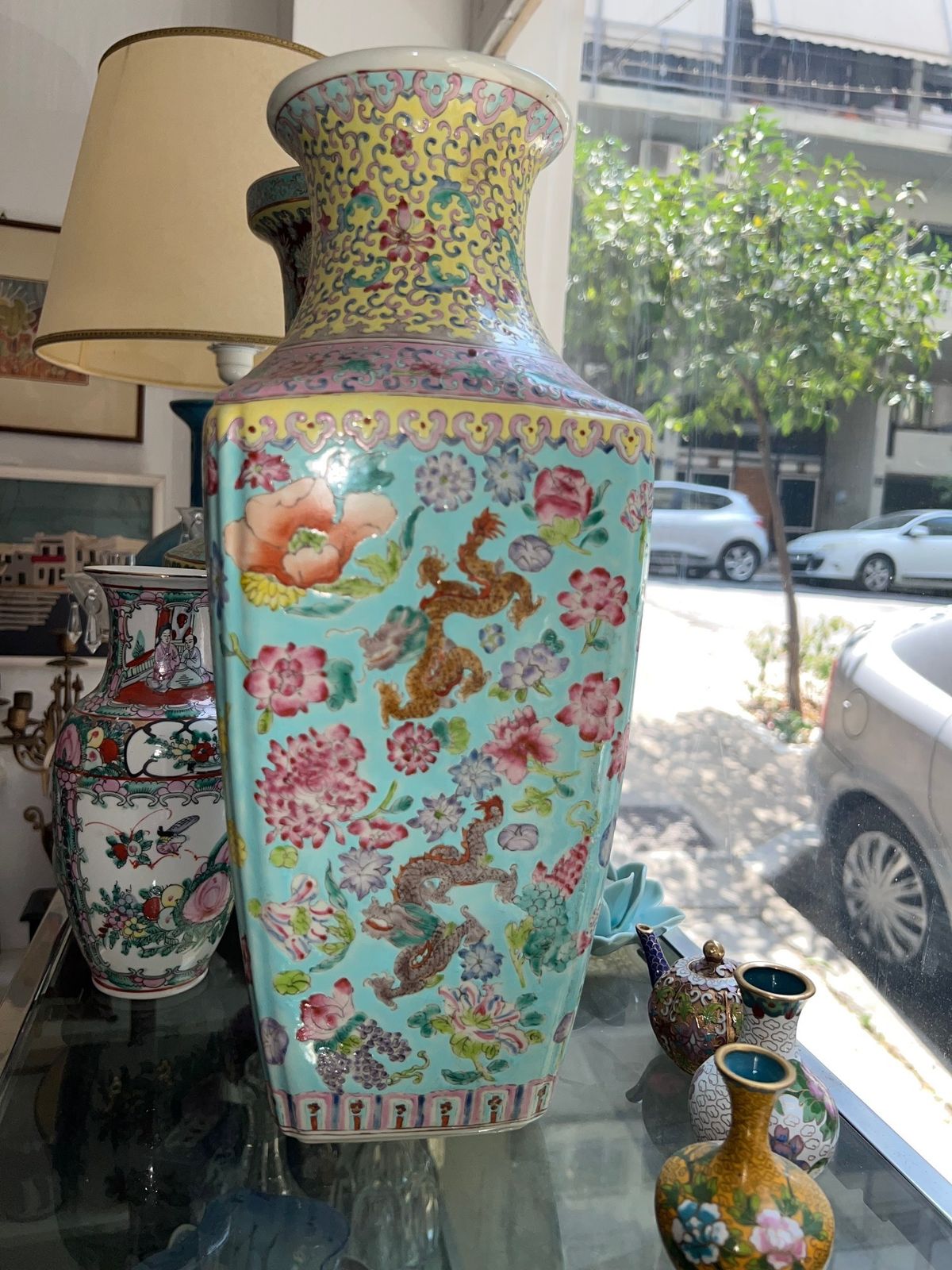 Famille Rose Chinese Cloisonné Style Vase photo for sale