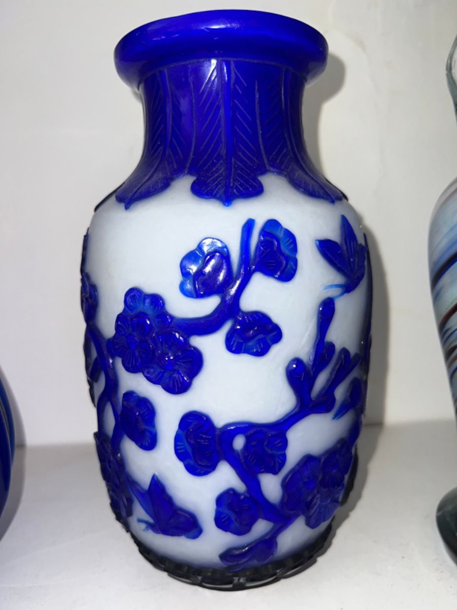 Beijing Peking Glass Blue & White Carved Overlay Vase photo furniture