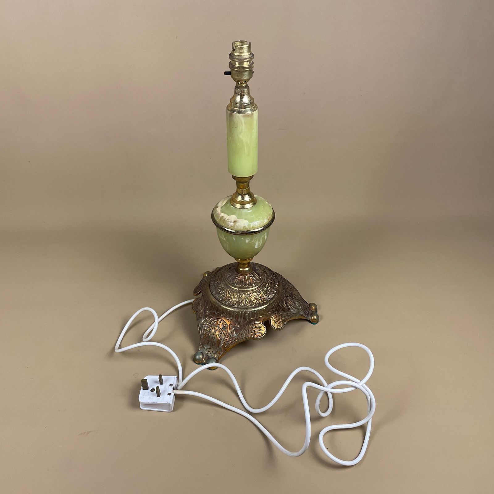 photo for sale Antique Onyx Marble Lamp Light Brass Gold Metal Green Bedside Side Table Column Marbled Patterned Vintage Pattern Stone Ornate Feet Base