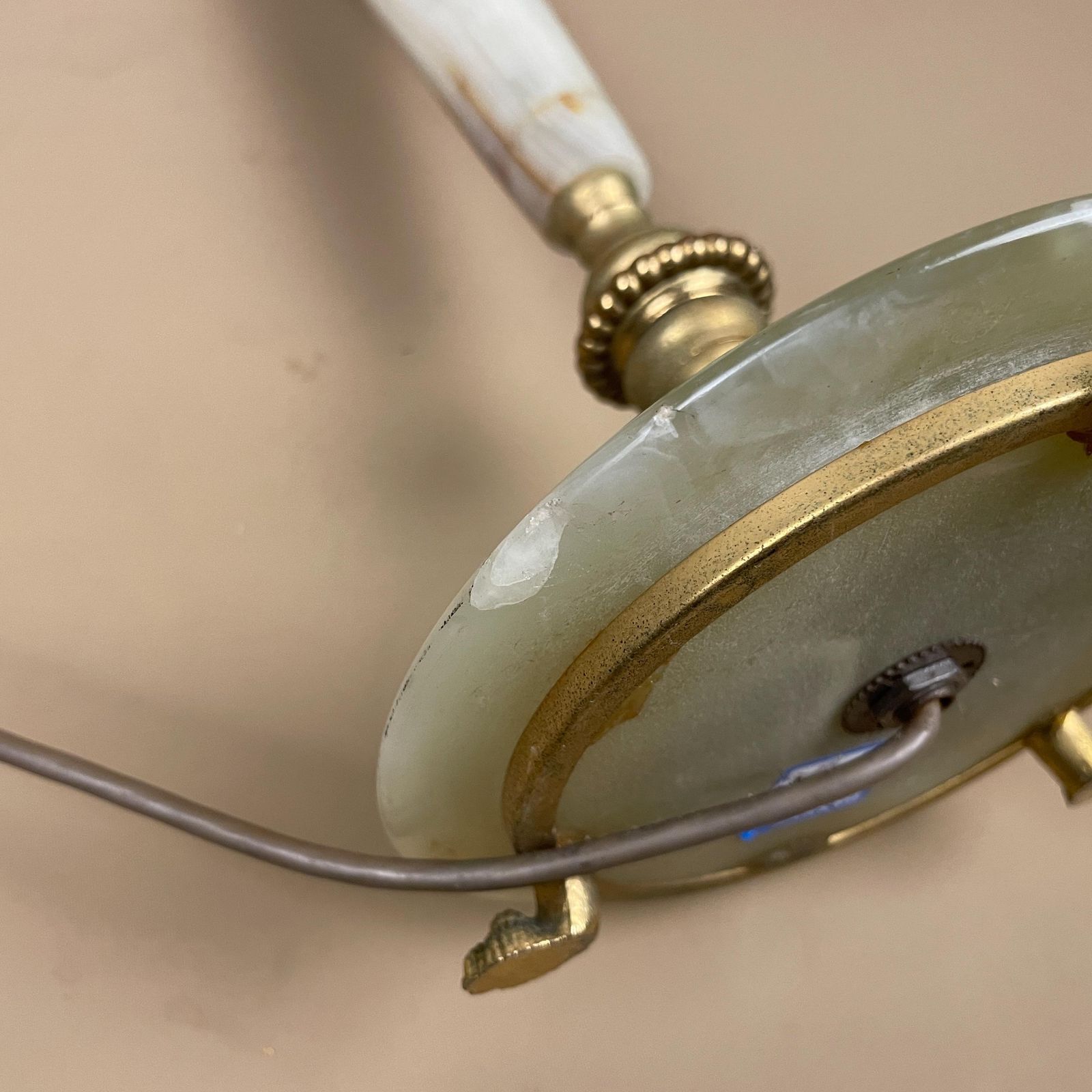 photo for sale Antique Onyx Marble Lamp Light Brass Gold Metal Green Bedside Side Table Column Marbled Patterned Vintage Pattern Stone Ornate Round Base