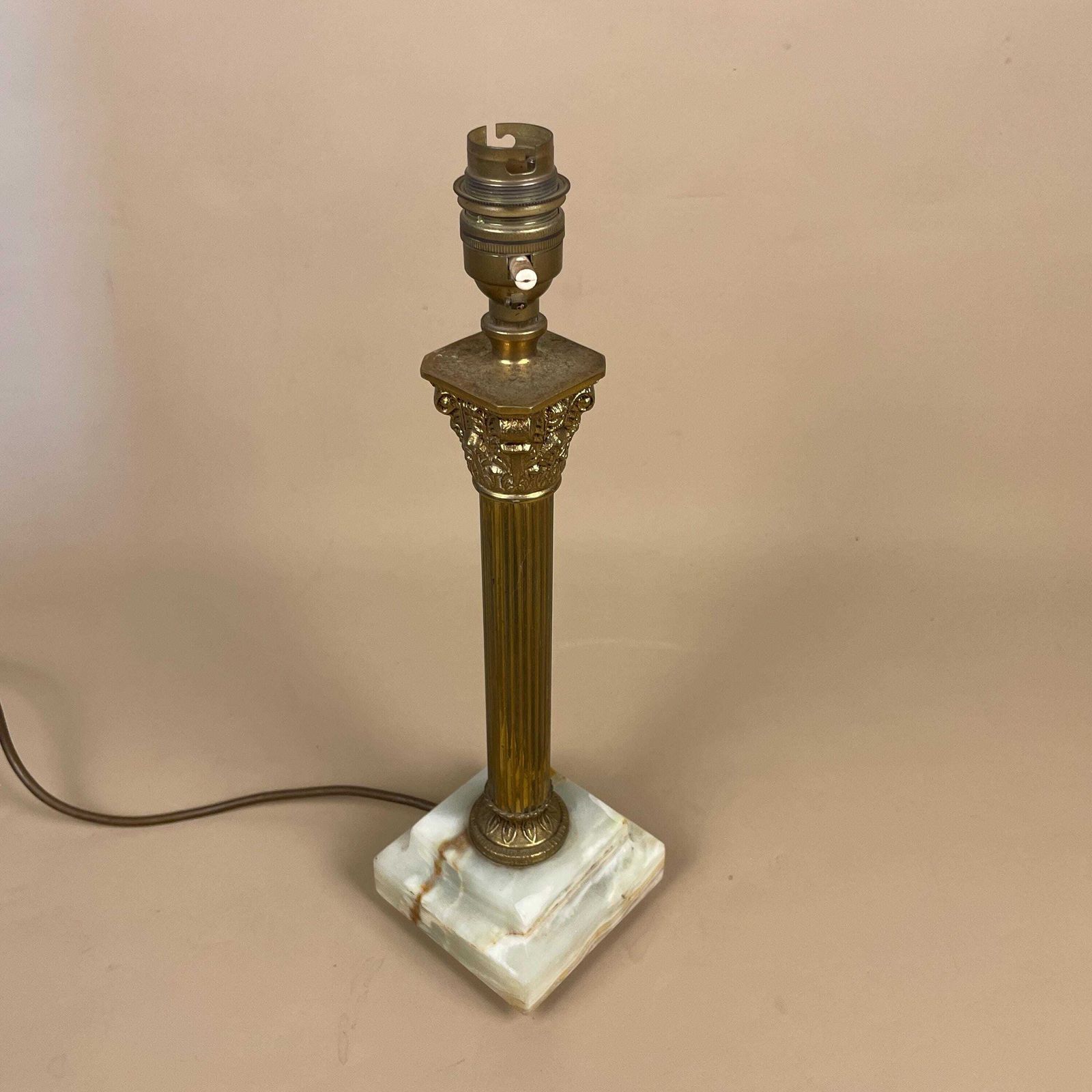 Antique Onyx Marble Lamp Light Brass Gold Metal Green Bedside Side Table Column Marbled Patterned Vintage Pattern Stone Ornate Square Base photo Lighting