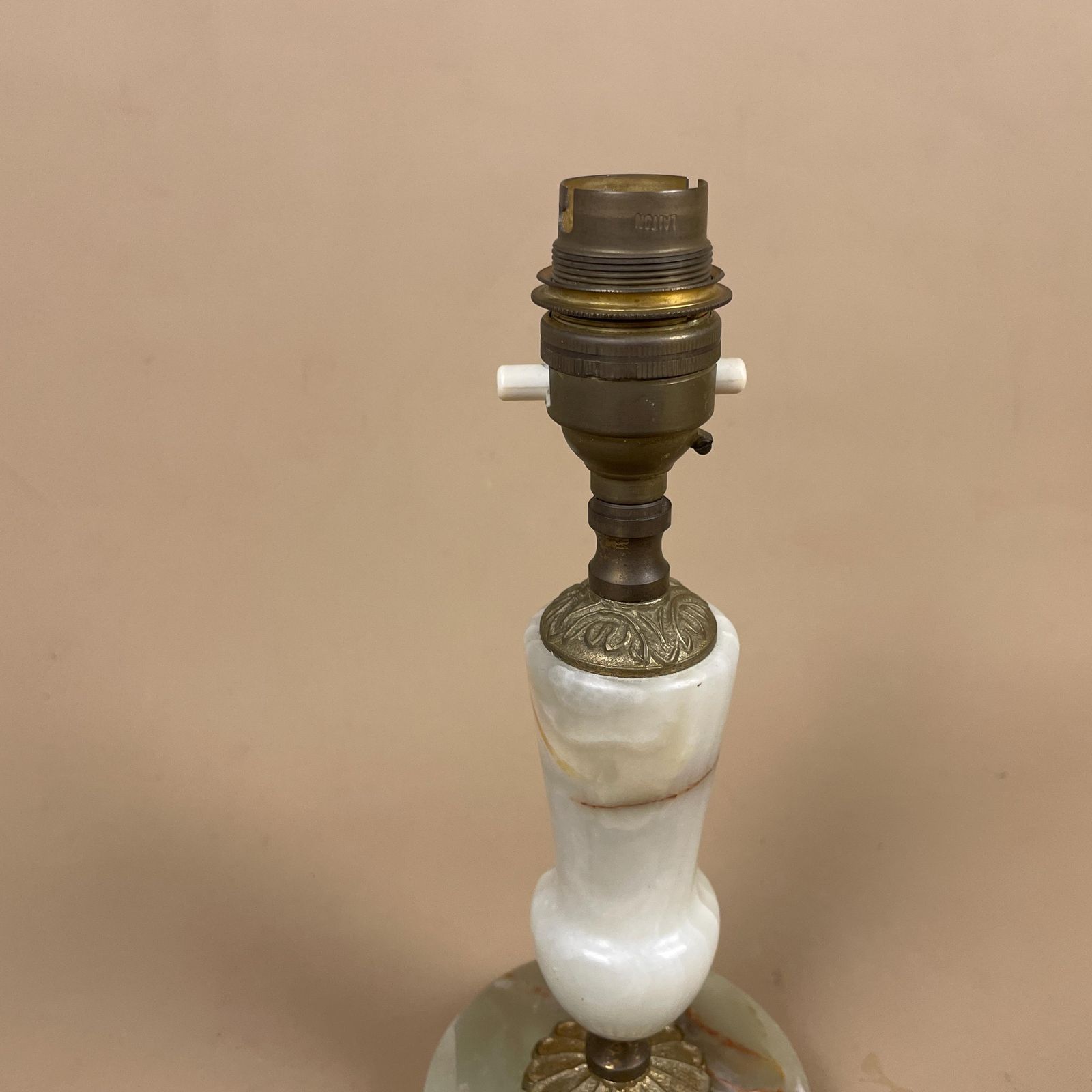 Antique Onyx Marble Lamp Light Brass Gold Metal Green Bedside Side Table Desk Marbled Patterned Vintage Pattern Stone Ornate Round Base photo buy