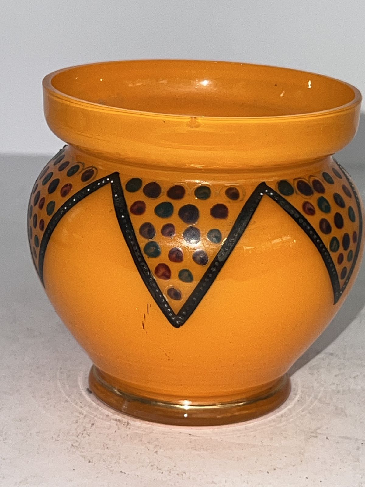 Hand Painted Orange Glass Vase With Polychrome Enamel Decoration, C. 1910–1930 photo for sale