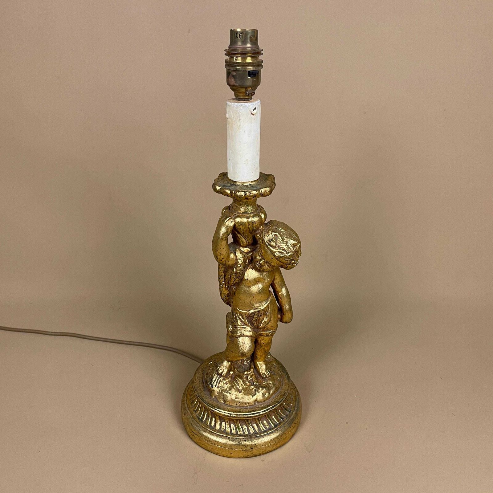 Antique Wood Gold Wooden Lamp Light Bedside Side Table Desk Column Ornate Detail Round Base Cherub Baby Vintage Pattern Patterned Candle Top