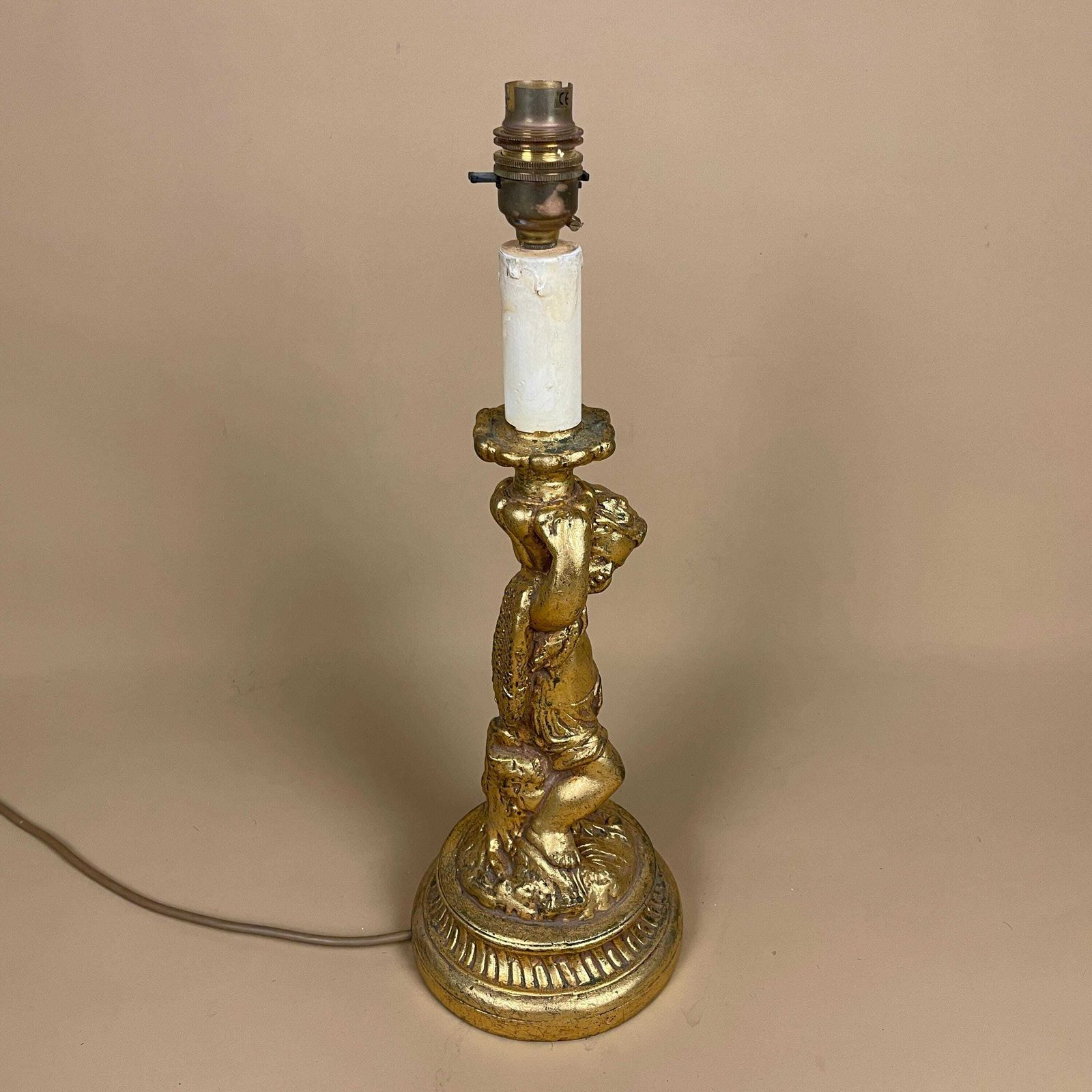 Antique Wood Gold Wooden Lamp Light Bedside Side Table Desk Column Ornate Detail Round Base Cherub Baby Vintage Pattern Patterned Candle Top photo 125.0