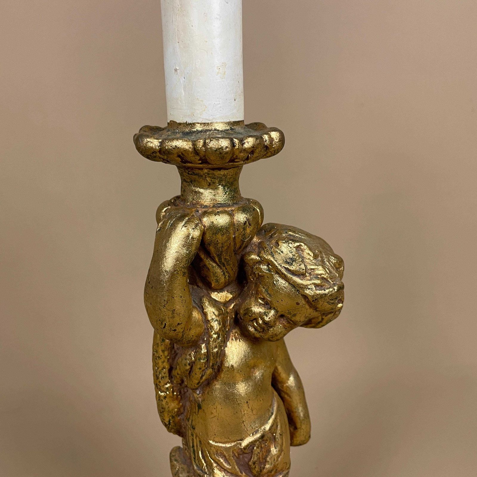 Antique Wood Gold Wooden Lamp Light Bedside Side Table Desk Column Ornate Detail Round Base Cherub Baby Vintage Pattern Patterned Candle Top photo vintage