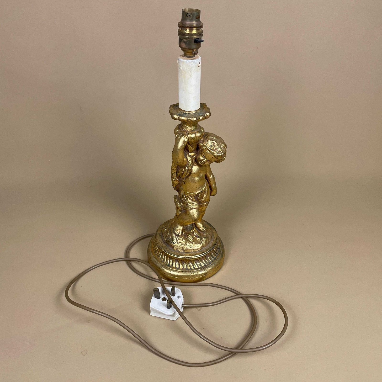 photo for sale Antique Wood Gold Wooden Lamp Light Bedside Side Table Desk Column Ornate Detail Round Base Cherub Baby Vintage Pattern Patterned Candle Top