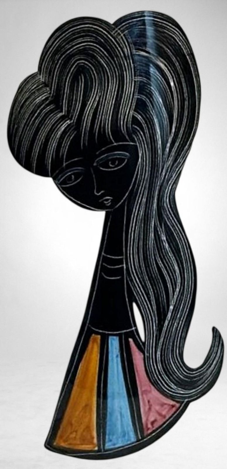 Mid Century Modern Ceramic Vase With Stylized Girl And Geometric Motifs photo vintage