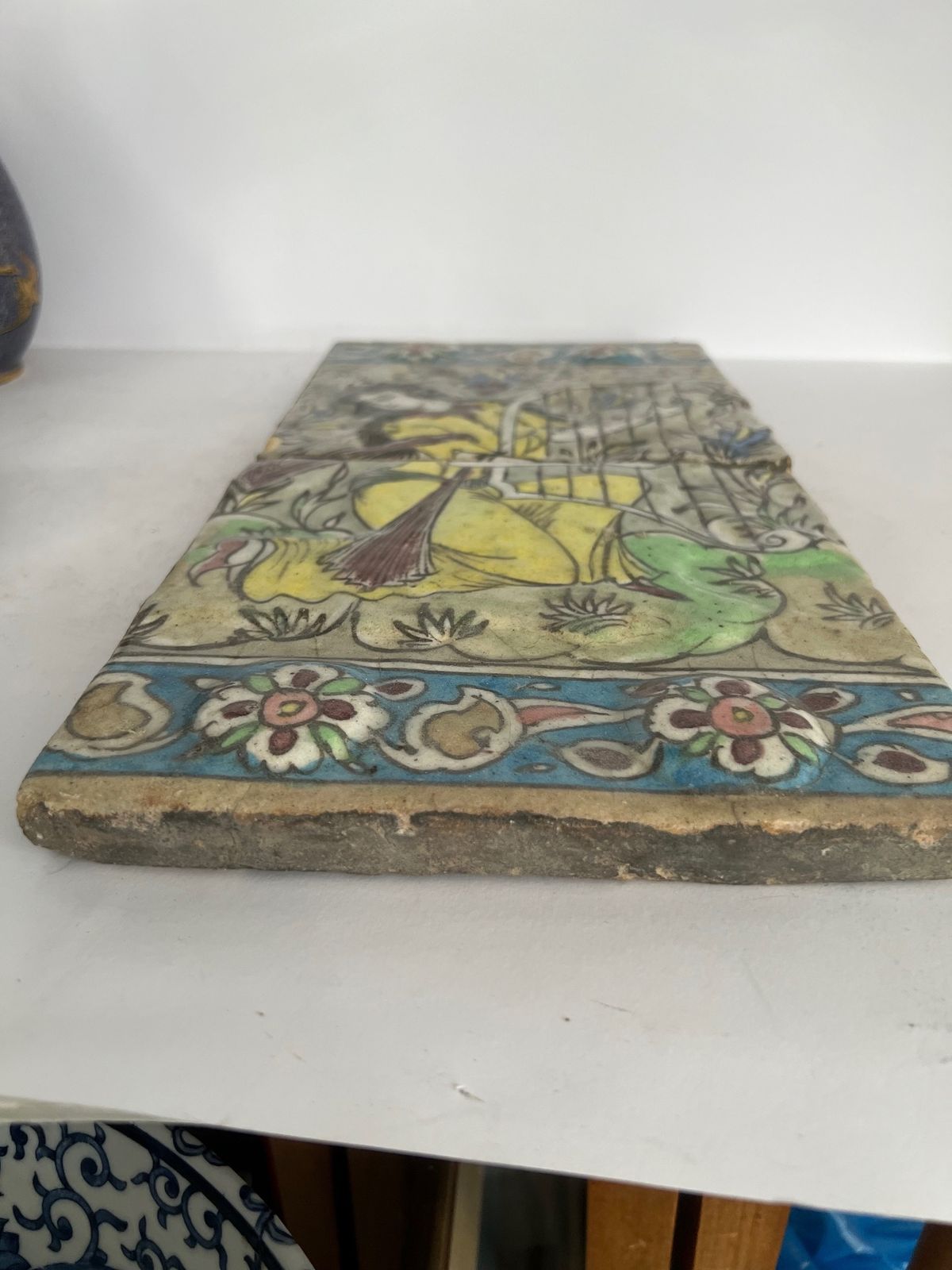 Qajar Era Persian Hand Painted Double Tile Panel With Female Musician (19th Century) photo buy