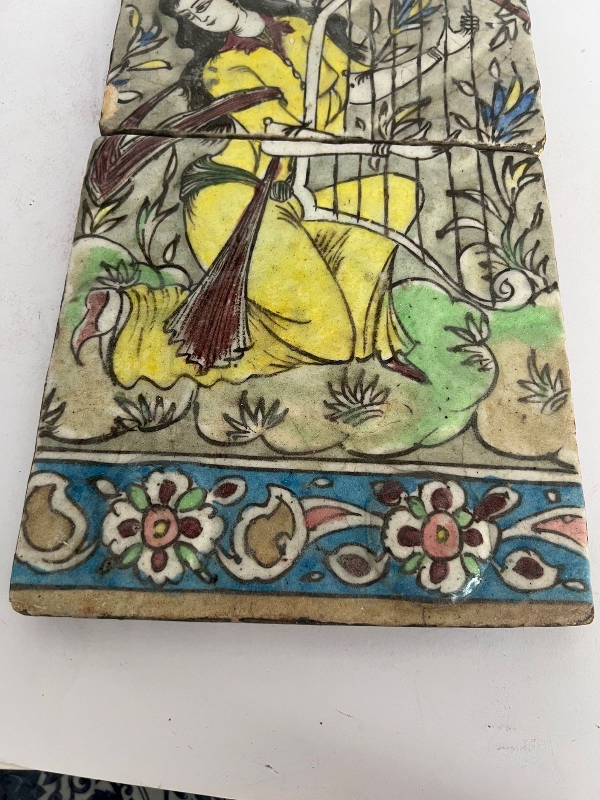 photo for sale Qajar Era Persian Hand Painted Double Tile Panel With Female Musician (19th Century)
