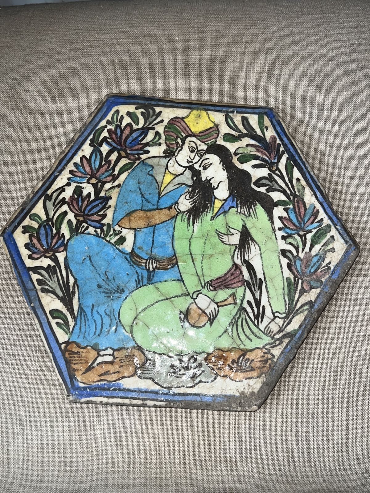 Qajar Era Persian Hand Painted Octagonal Ceramic Tile(19th Century) photo Home Fixtures