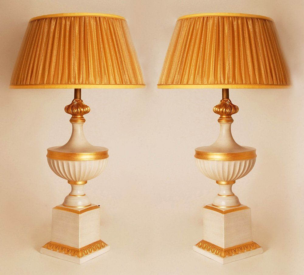 Vintage French Table Lamps In White And Gold Ceramic, 1970s, Set Of 2 photo vinterior