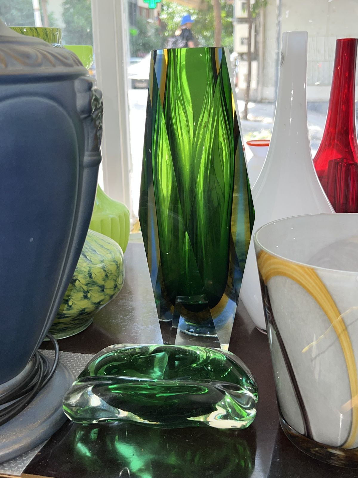 Large Murano Sommerso Green, Yellow, Light Blue And Clear Faceted Glass Vase. 1960’s photo for sale