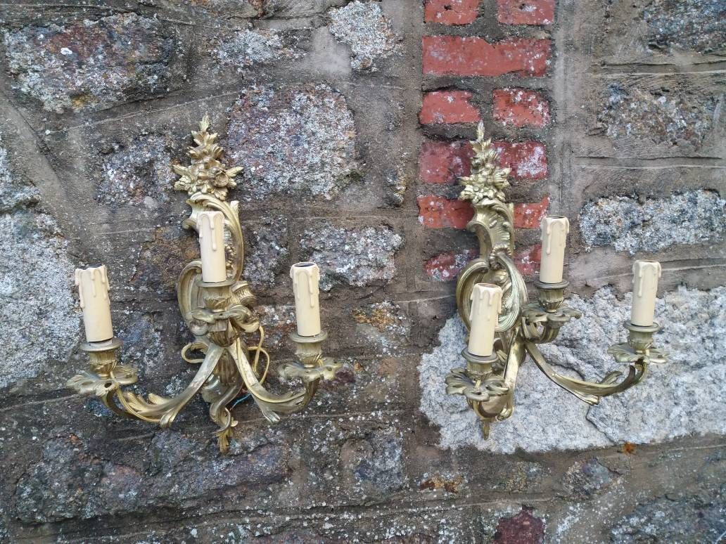 Antique Bronze Ormolu Wall Sconces: French Chateau Lighting Pair