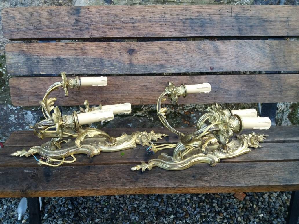 Antique Bronze Ormolu Wall Sconces: French Chateau Lighting Pair photo for sale
