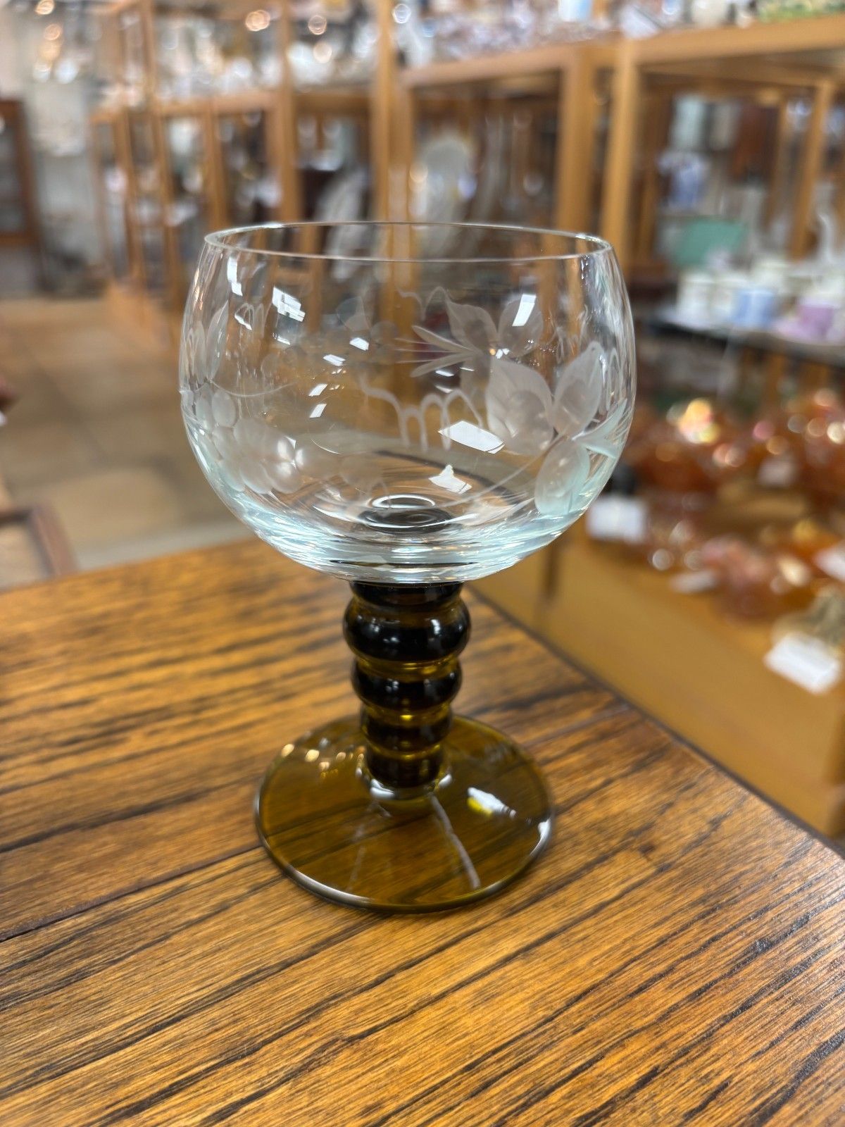 Set Of Six Vintage Olive Green & Etched Clear Glass Wine Glasses photo buy