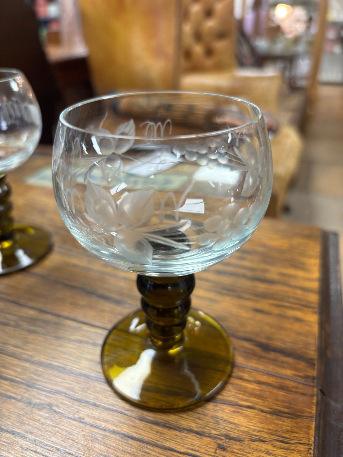 Set Of Six Vintage Olive Green & Etched Clear Glass Wine Glasses photo vintage