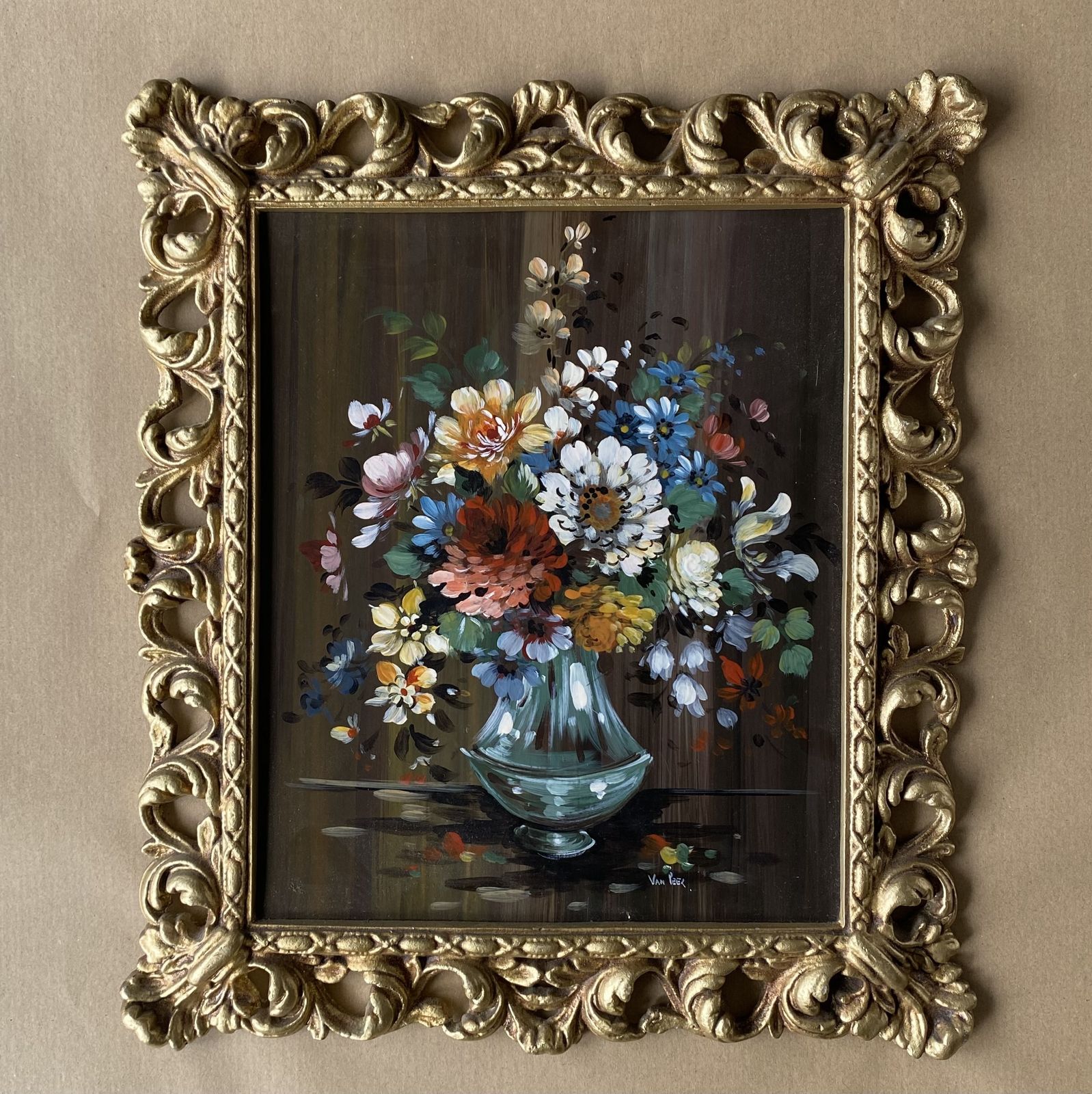 Oil Painting Flowers Ornate Gold Metal Frame Medium Dark Background Peerart Vtg
