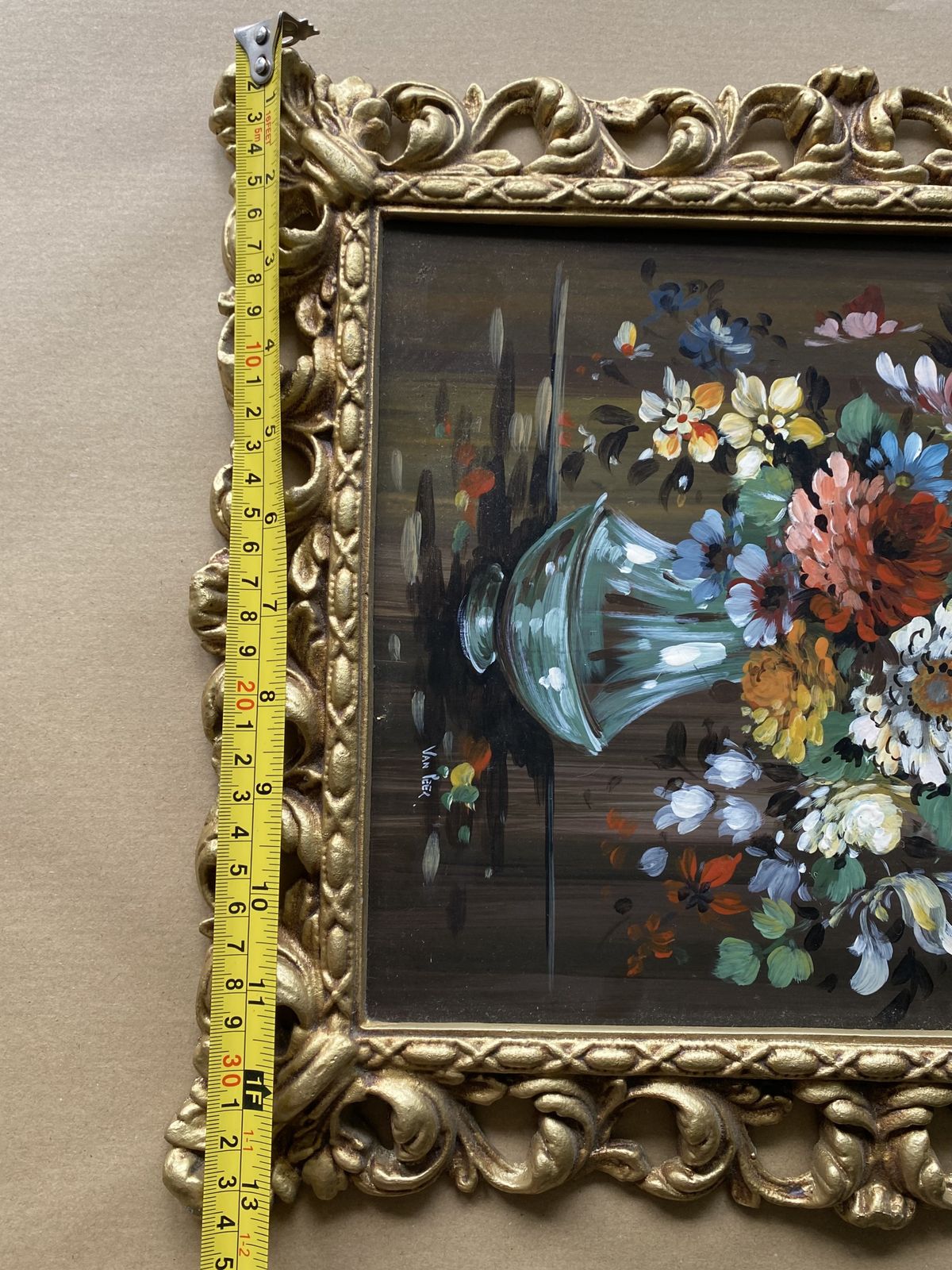 Oil Painting Flowers Ornate Gold Metal Frame Medium Dark Background Peerart Vtg photo 75.0