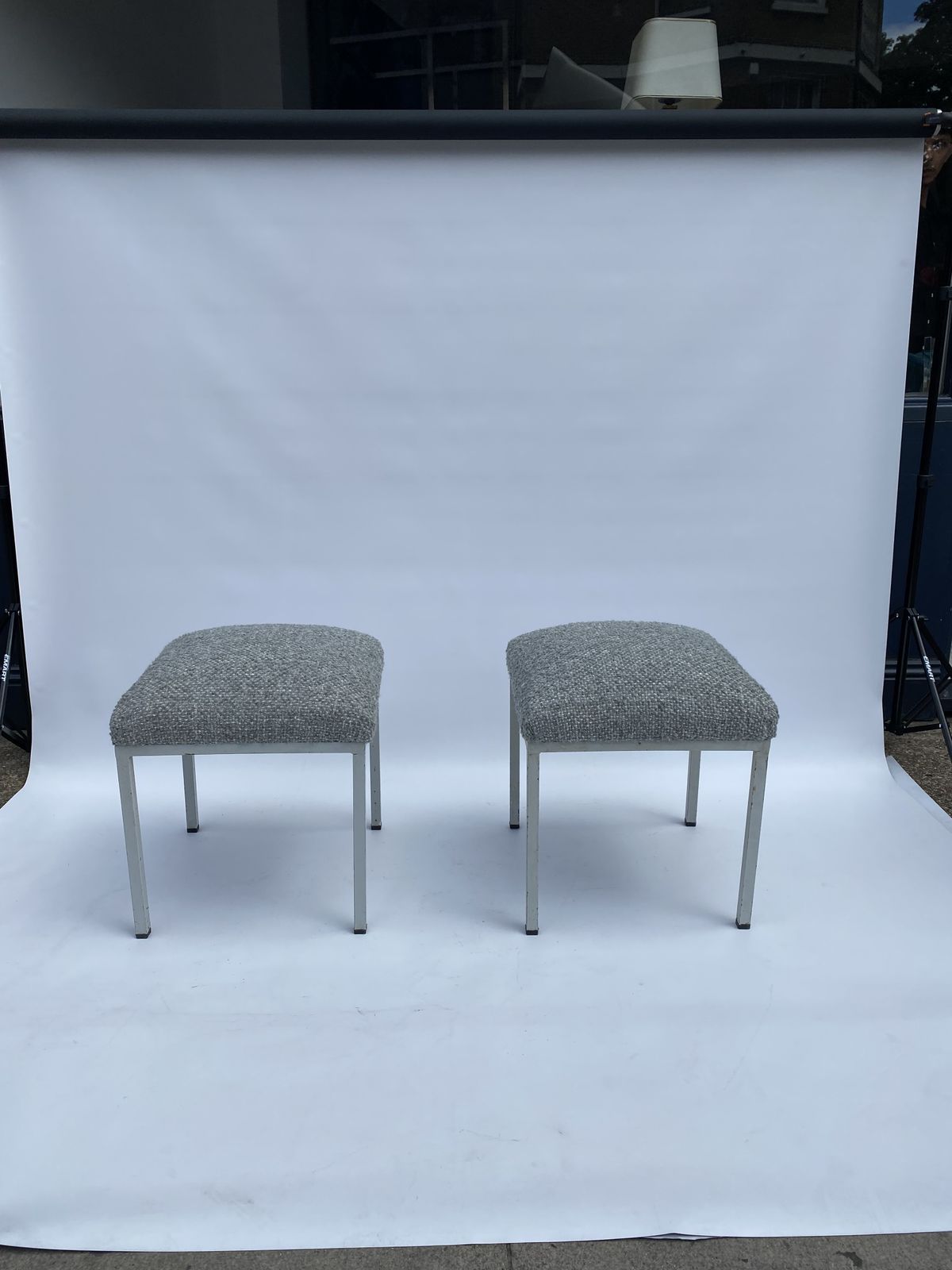 1960s Industrial Pair Iron Foot Stools Scandinavian Midcentury New Boucle Upholstery photo vinterior