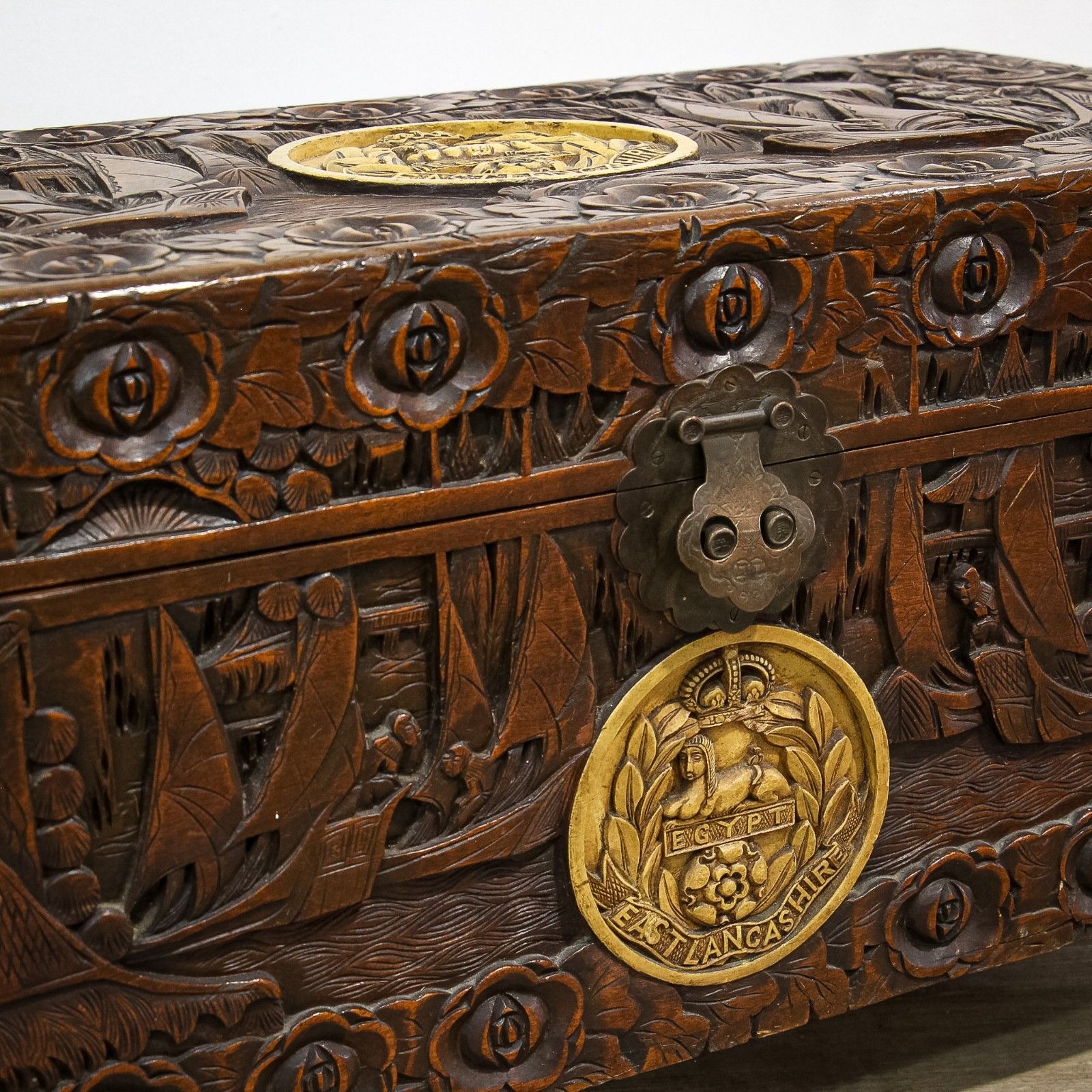 photo for sale Camphorwood Oriental Chest With Regimental Roundels