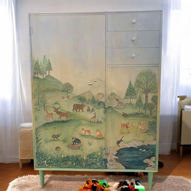 Handpainted Children's Nursery Woodland Animal Wildlife Tallboy Storage With Drawers