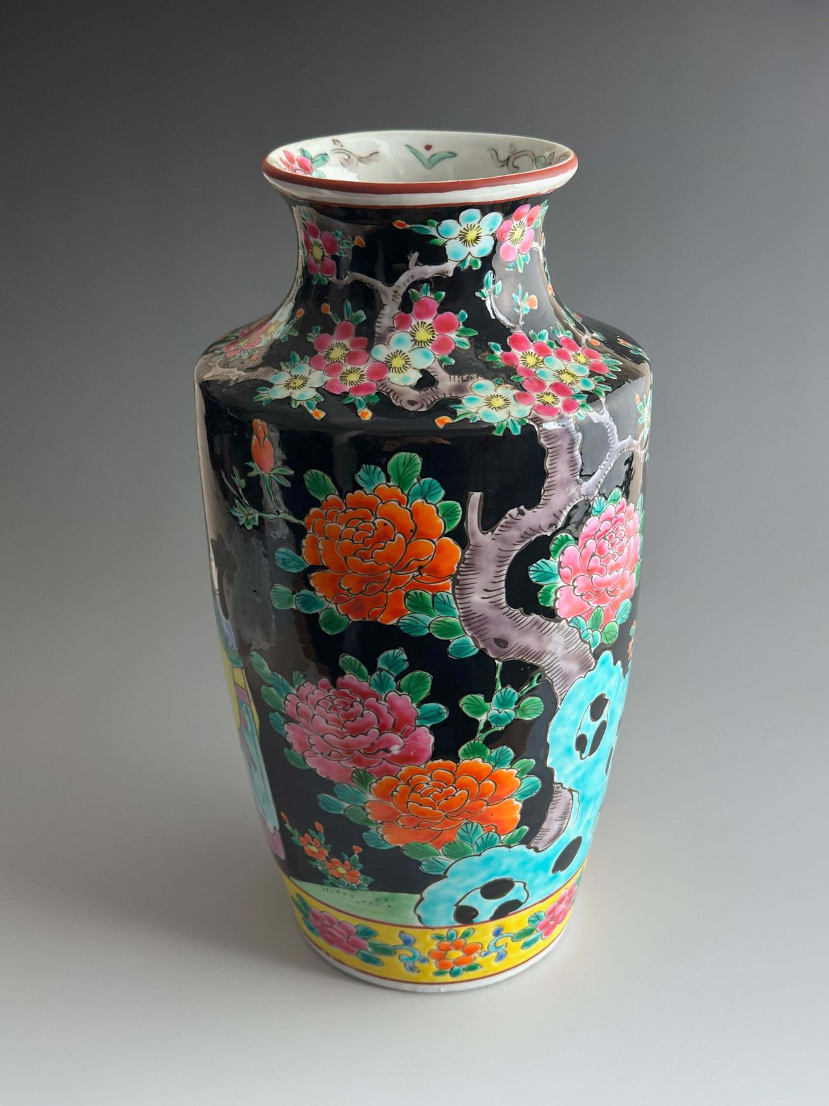 Japanese Porcelain Famille Noire Rouleau Shaped Vase By Yamatoku, Arita, 1950s photo Home Decor