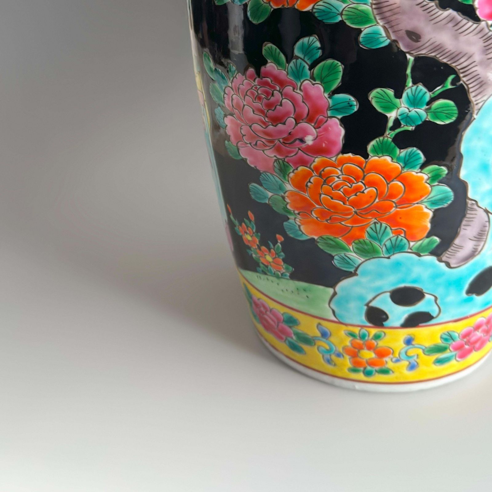 photo for sale Japanese Porcelain Famille Noire Rouleau Shaped Vase By Yamatoku, Arita, 1950s