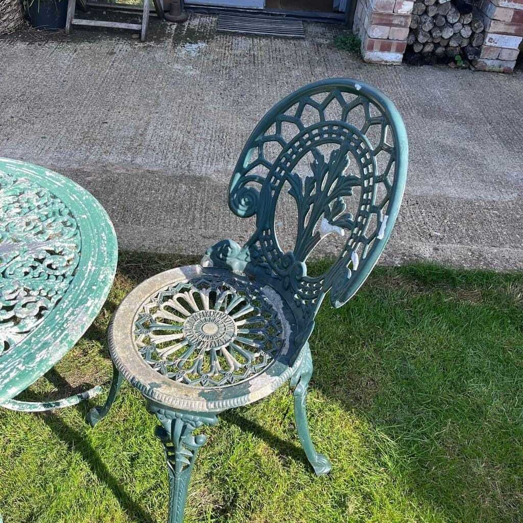 Painted Garden Table & 2 Chairs Great Patina Peeling Paint Solid photo for sale