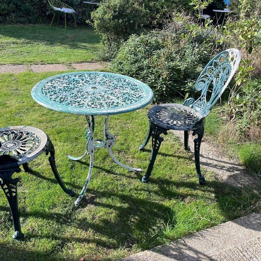 Painted Garden Table & 2 Chairs Great Patina Peeling Paint Solid photo buy