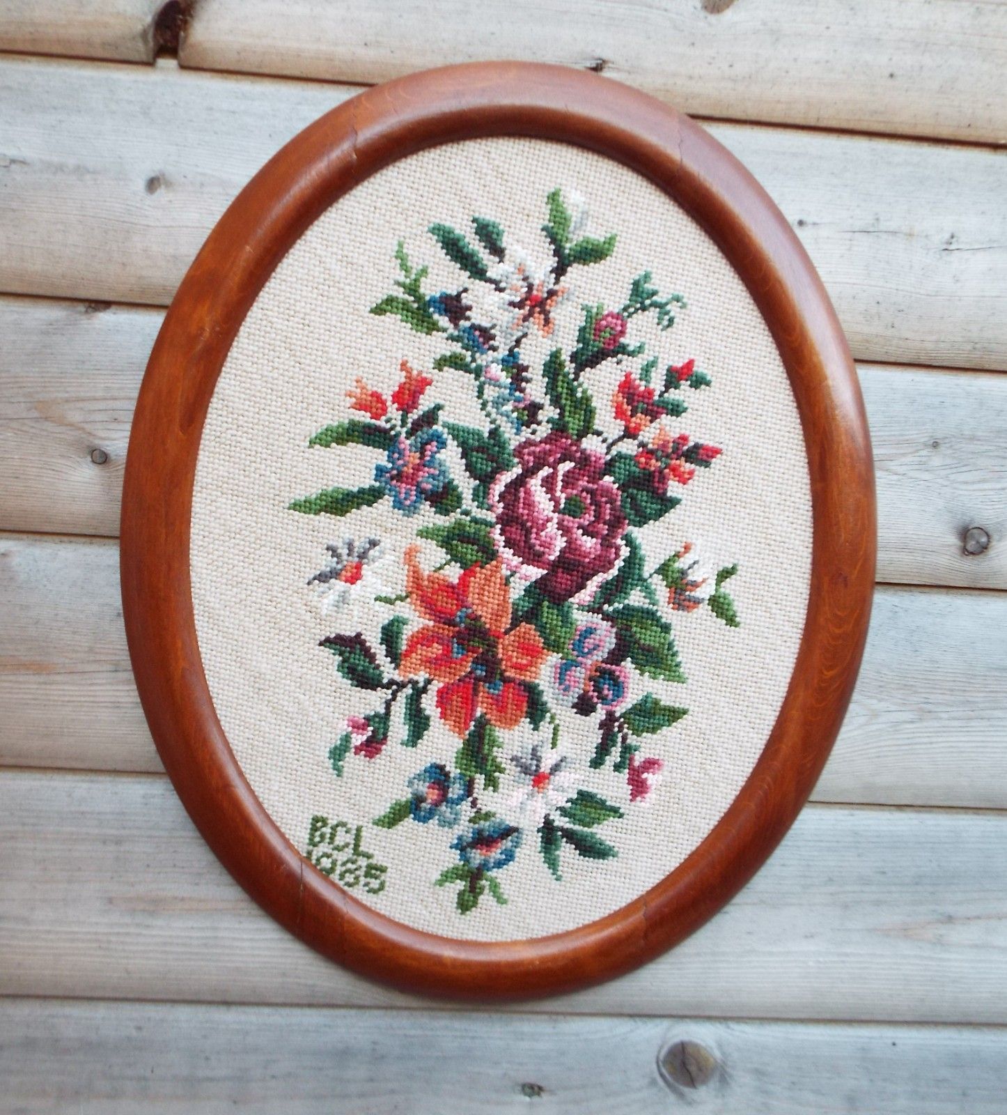 Vintage  Wool Tapestry  Needlepoint Picture Floral Dark Red Rose Framed Large
